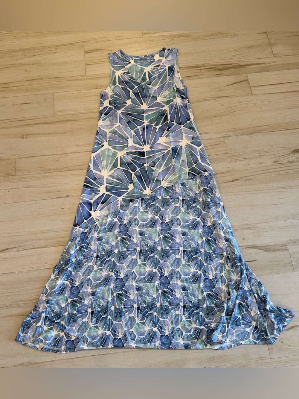 Art Nouveau Stained Glass Print Maxi Dress Soft Blue Purple Size M